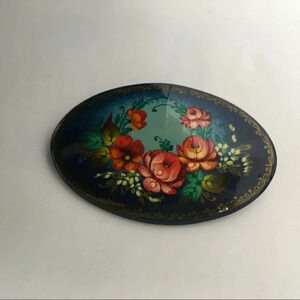 Vintage Russian Oval Hand Painted Floral‎ Pin Brooch